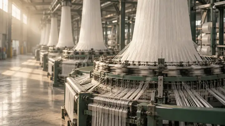 Circular looms weaving white polypropylene tubular fabric
