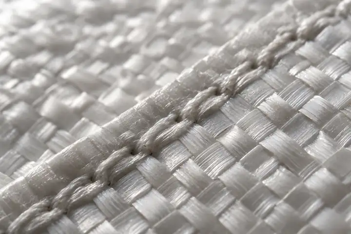Macro close-up of woven polypropylene fabric with a sewn seam