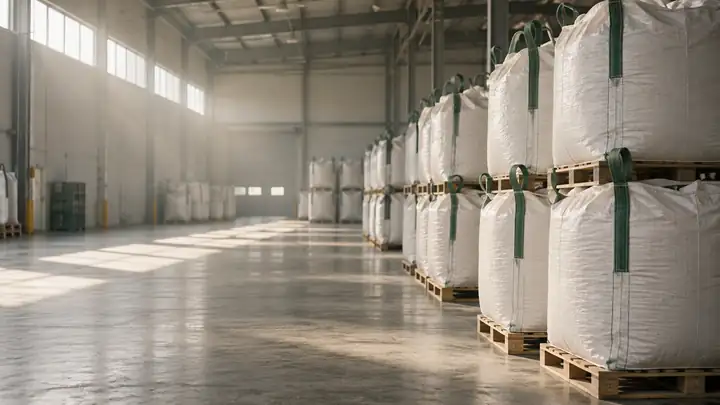 Stacks of white woven polypropylene FIBC bulk bags on pallets in a daylight warehouse